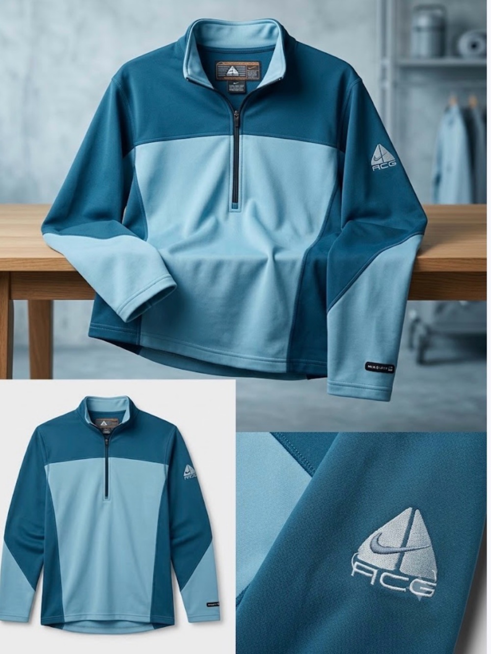 vintage Nike ACG 1/4 Zip Pullover Fleece Base Layer Blue Colorblock Size M